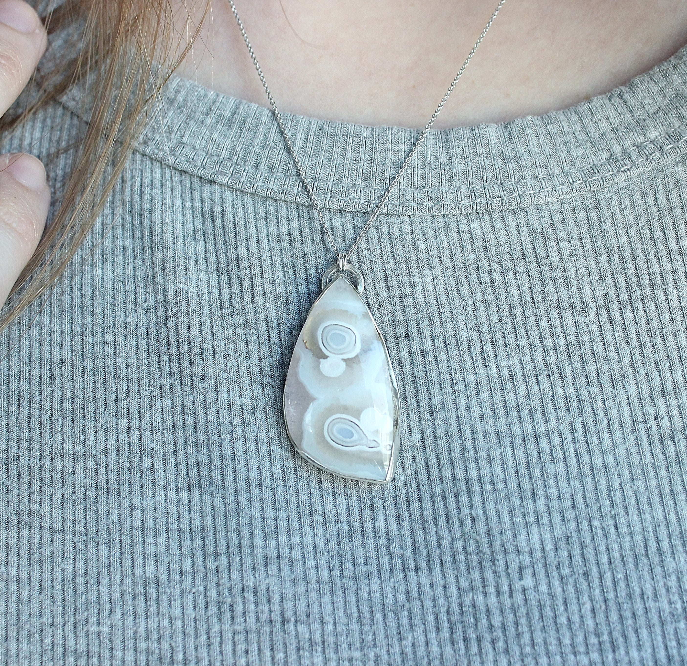 Orbicular Plume Agate Necklace | Sterling Silver Open Bezel Pendant | Handmade Statement Jewelry