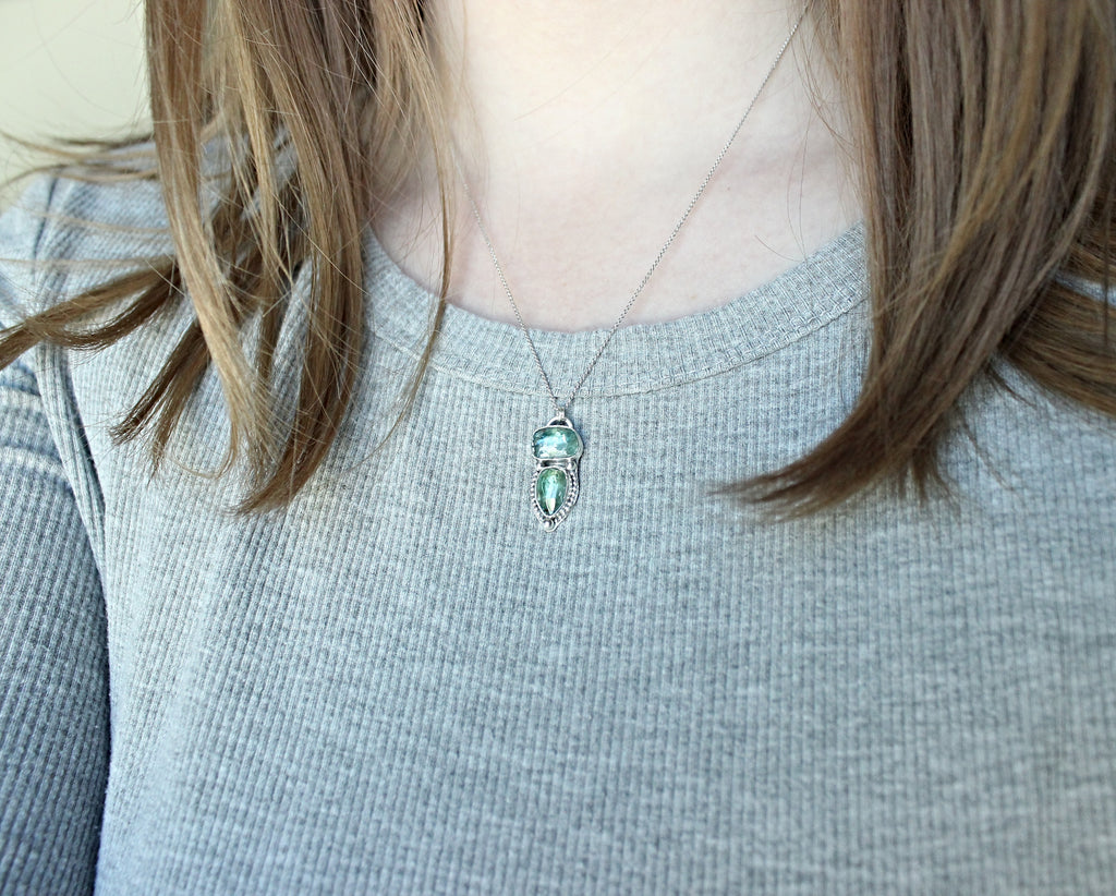 Green & Teal Kyanite Pendant Necklace | Sterling Silver Double Stone Handmade Statement Jewelry