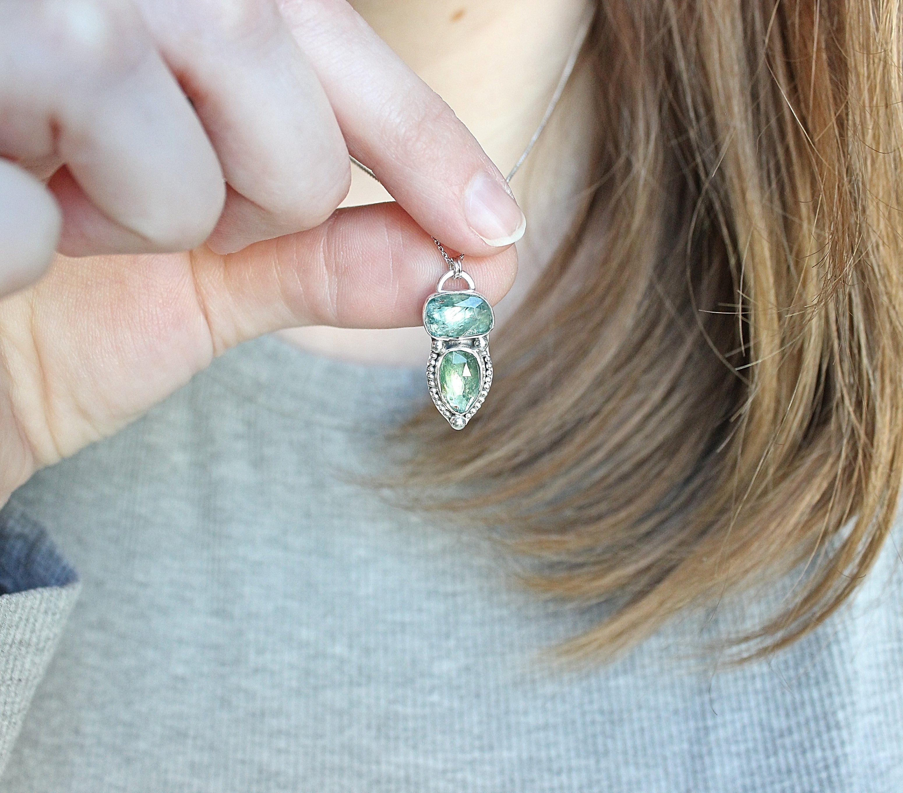 Green & Teal Kyanite Pendant Necklace | Sterling Silver Double Stone Handmade Statement Jewelry