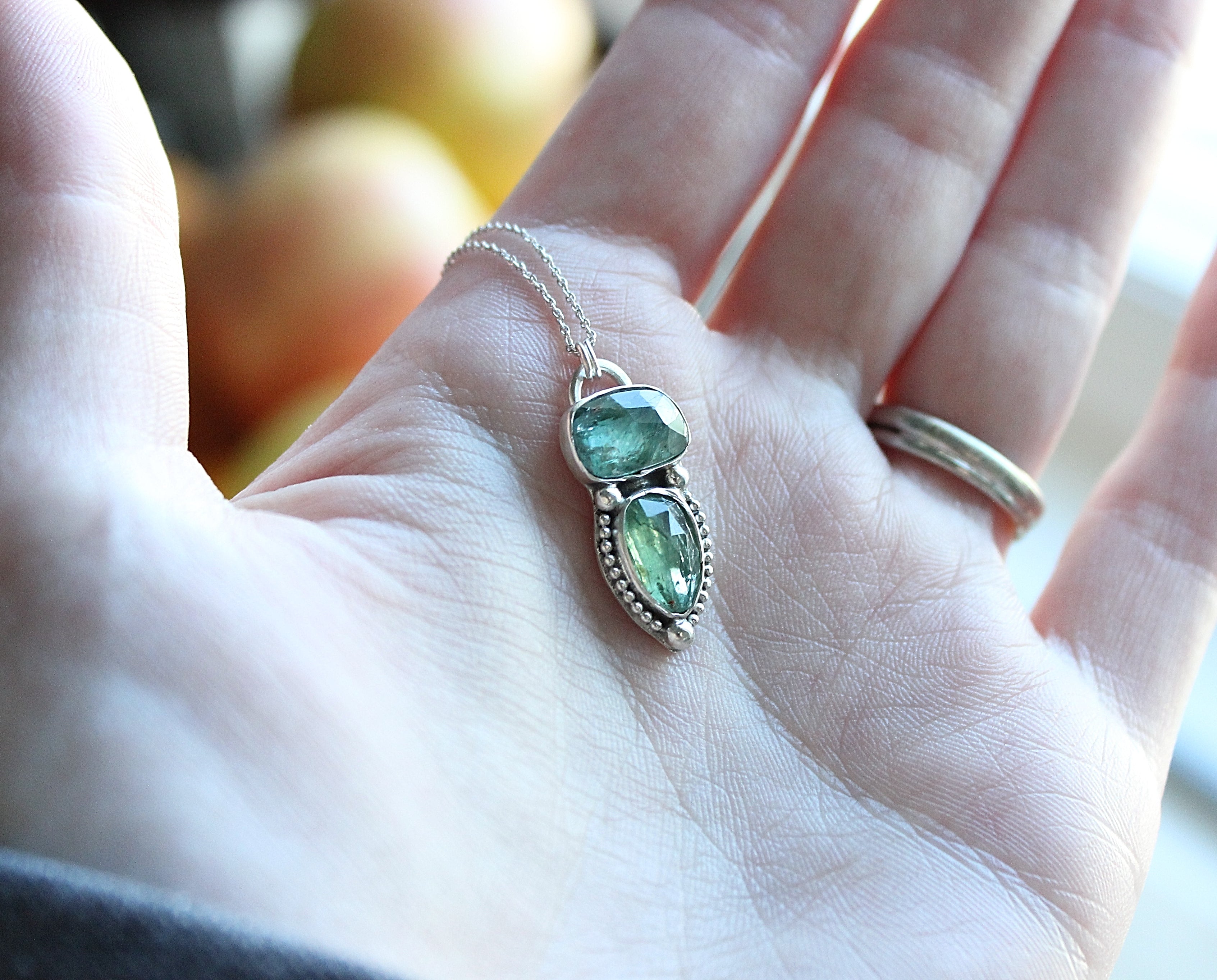 Green & Teal Kyanite Pendant Necklace | Sterling Silver Double Stone Handmade Statement Jewelry