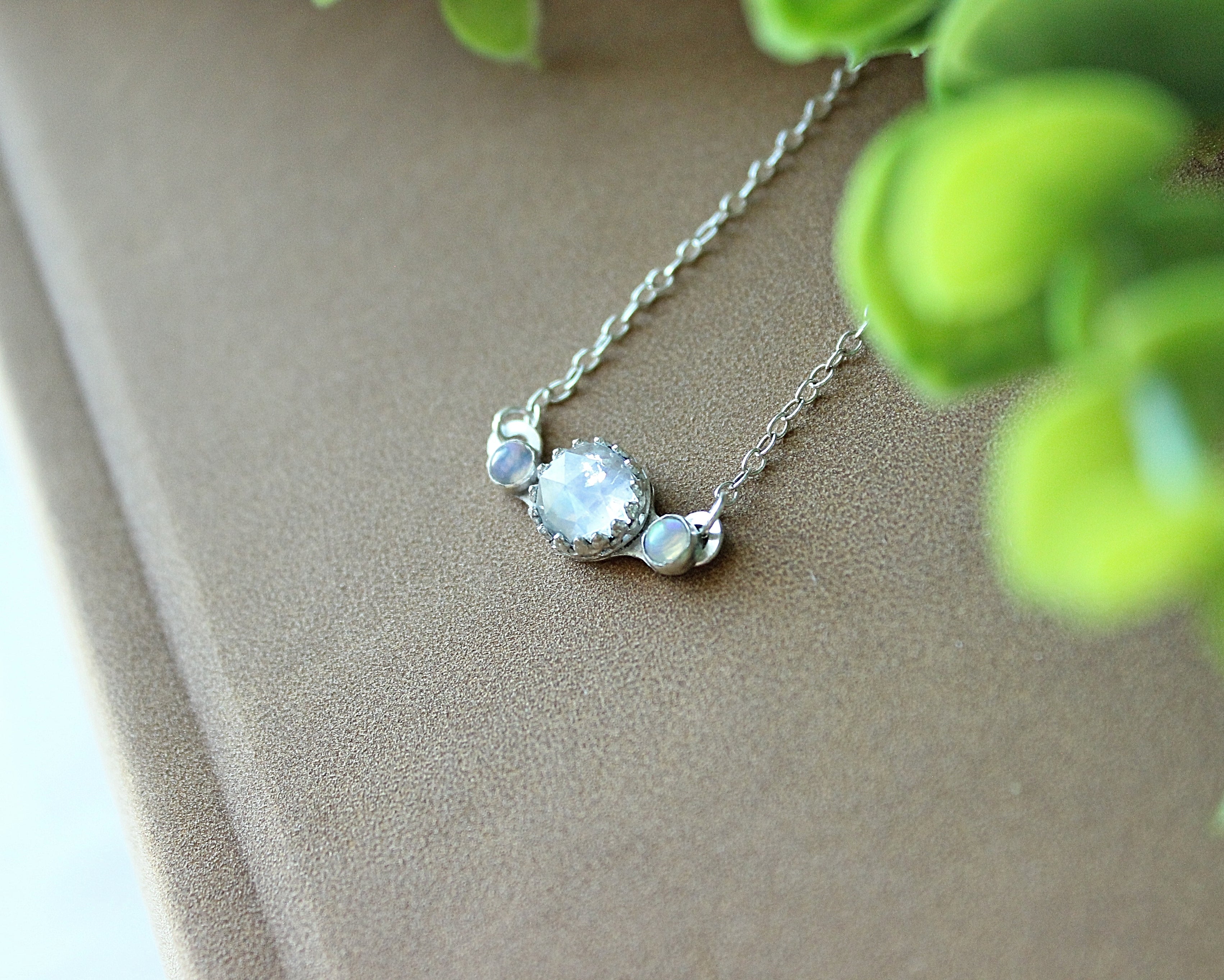 Moonstone & Opal Bar Necklace | Sterling Silver Dainty Celestial Pendant | Handmade Birthstone Jewelry