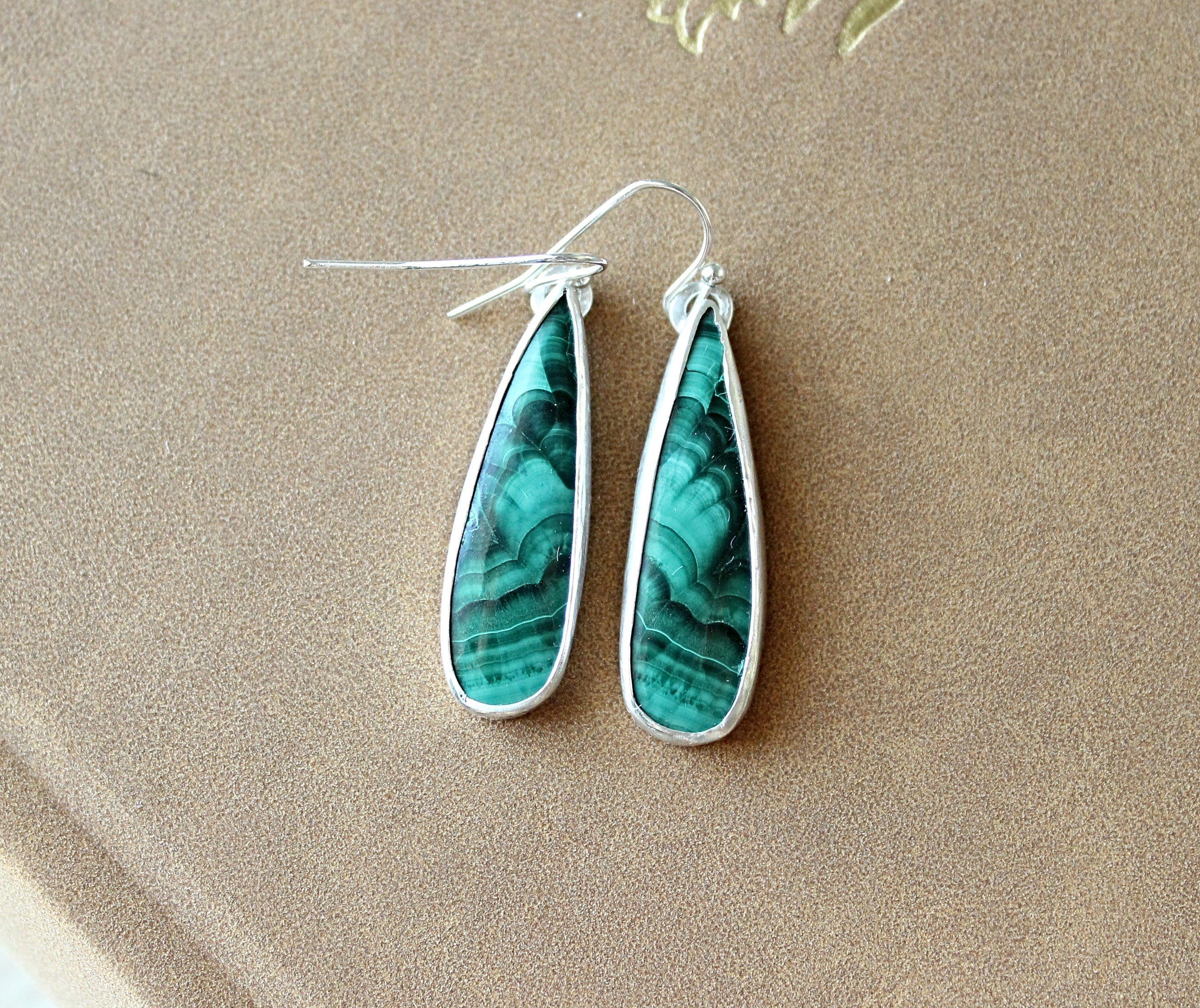 Malachite Teardrop Dangle Earrings | Sterling Silver Handmade Drop Earrings | Green Natural Gemstone Jewelry
