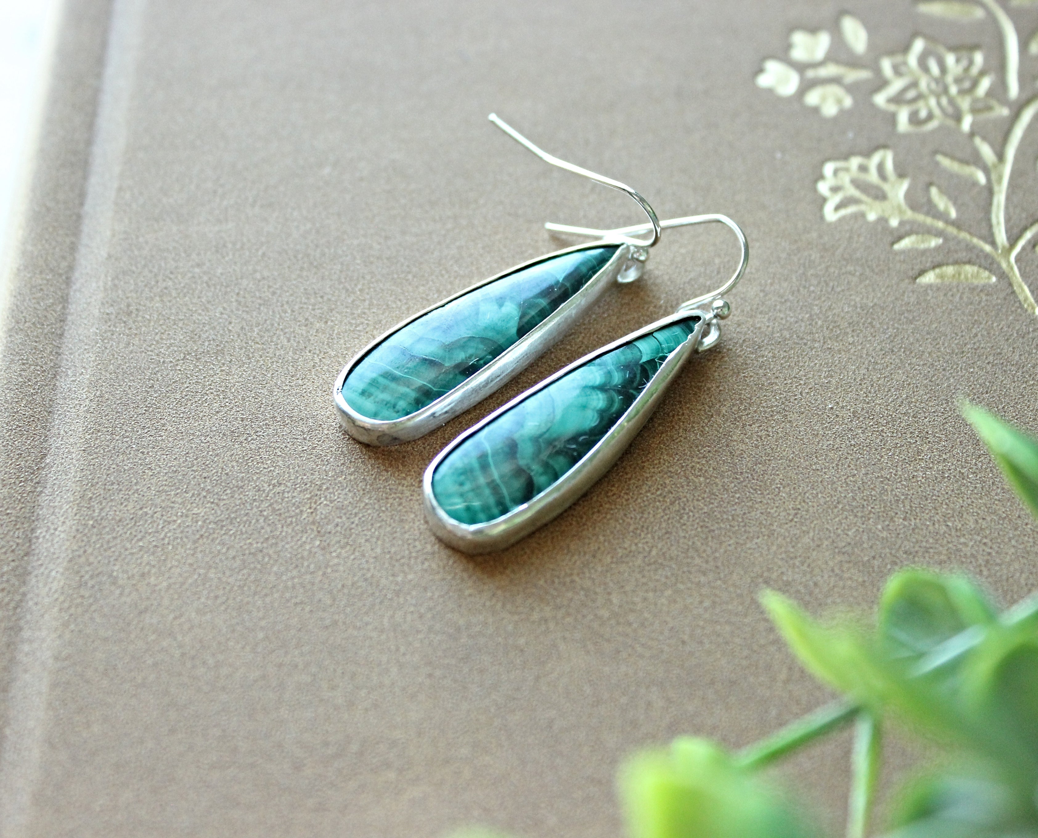 Malachite Teardrop Dangle Earrings | Sterling Silver Handmade Drop Earrings | Green Natural Gemstone Jewelry