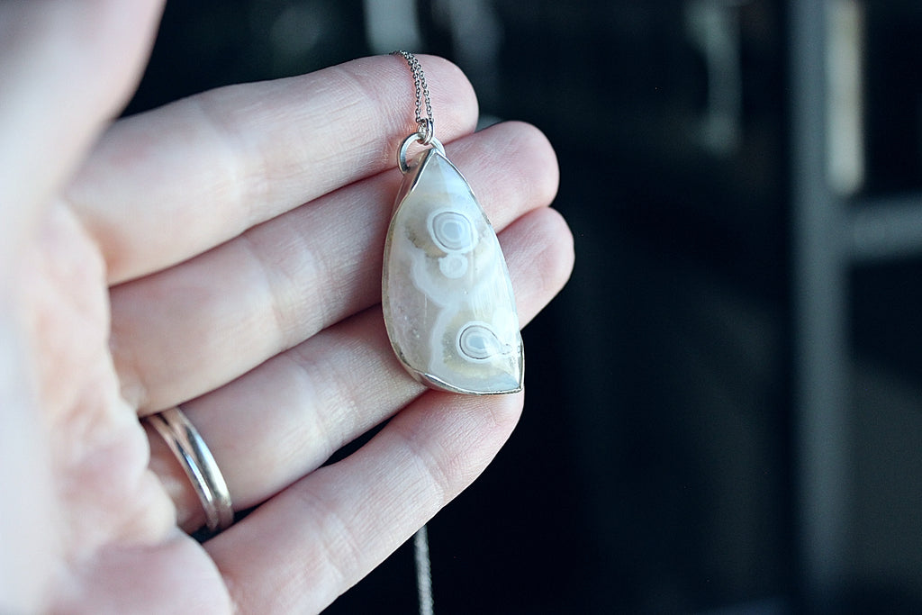Orbicular Plume Agate Necklace | Sterling Silver Open Bezel Pendant | Handmade Statement Jewelry