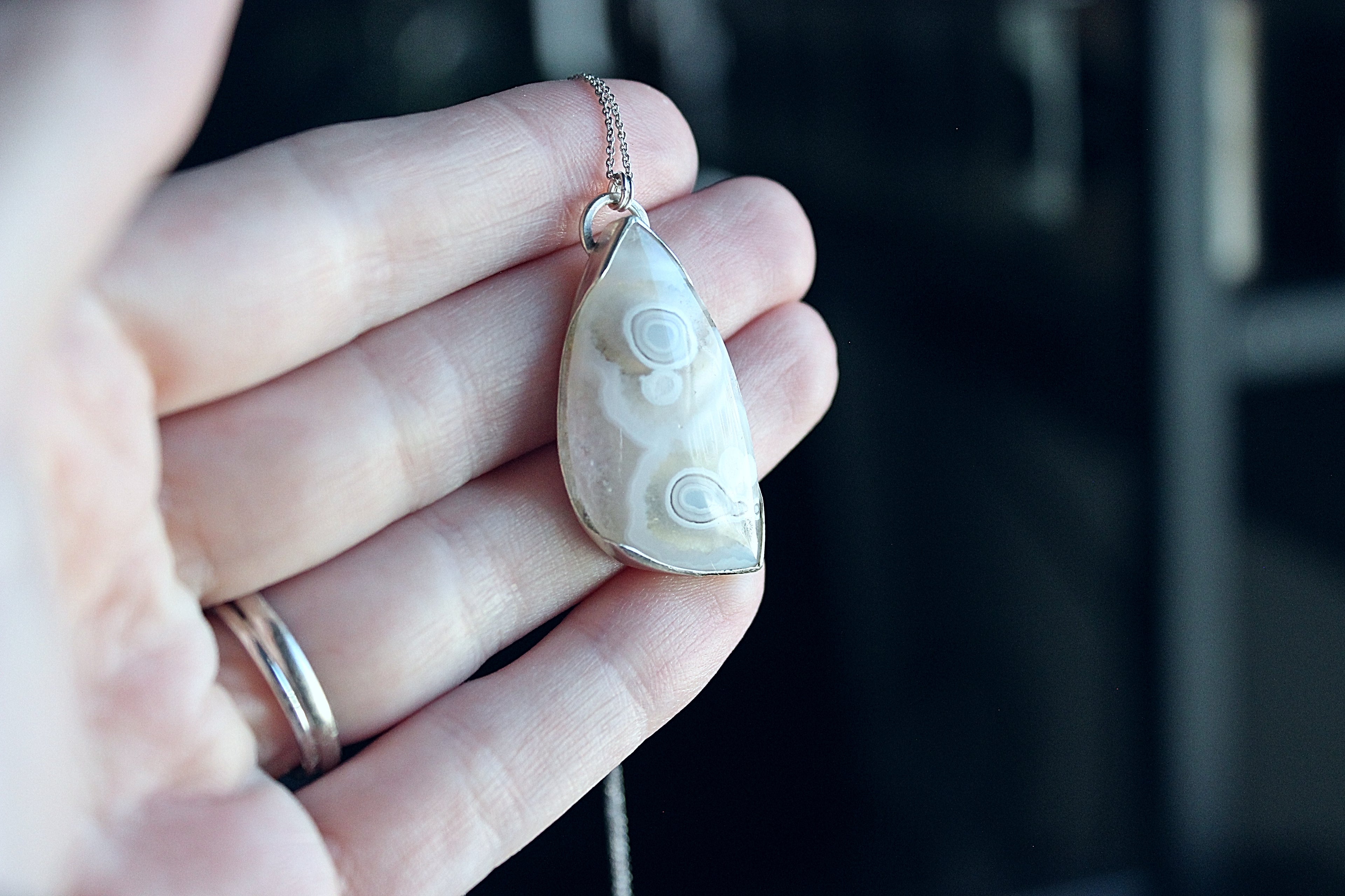 Orbicular Plume Agate Necklace | Sterling Silver Open Bezel Pendant | Handmade Statement Jewelry