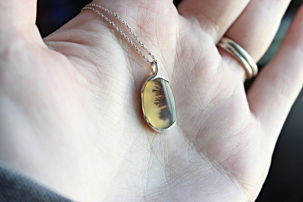 Scenic Dendritic Agate Necklace | Oval Sterling Silver Open Bezel Pendant | Handmade Nature-Inspired Jewelry