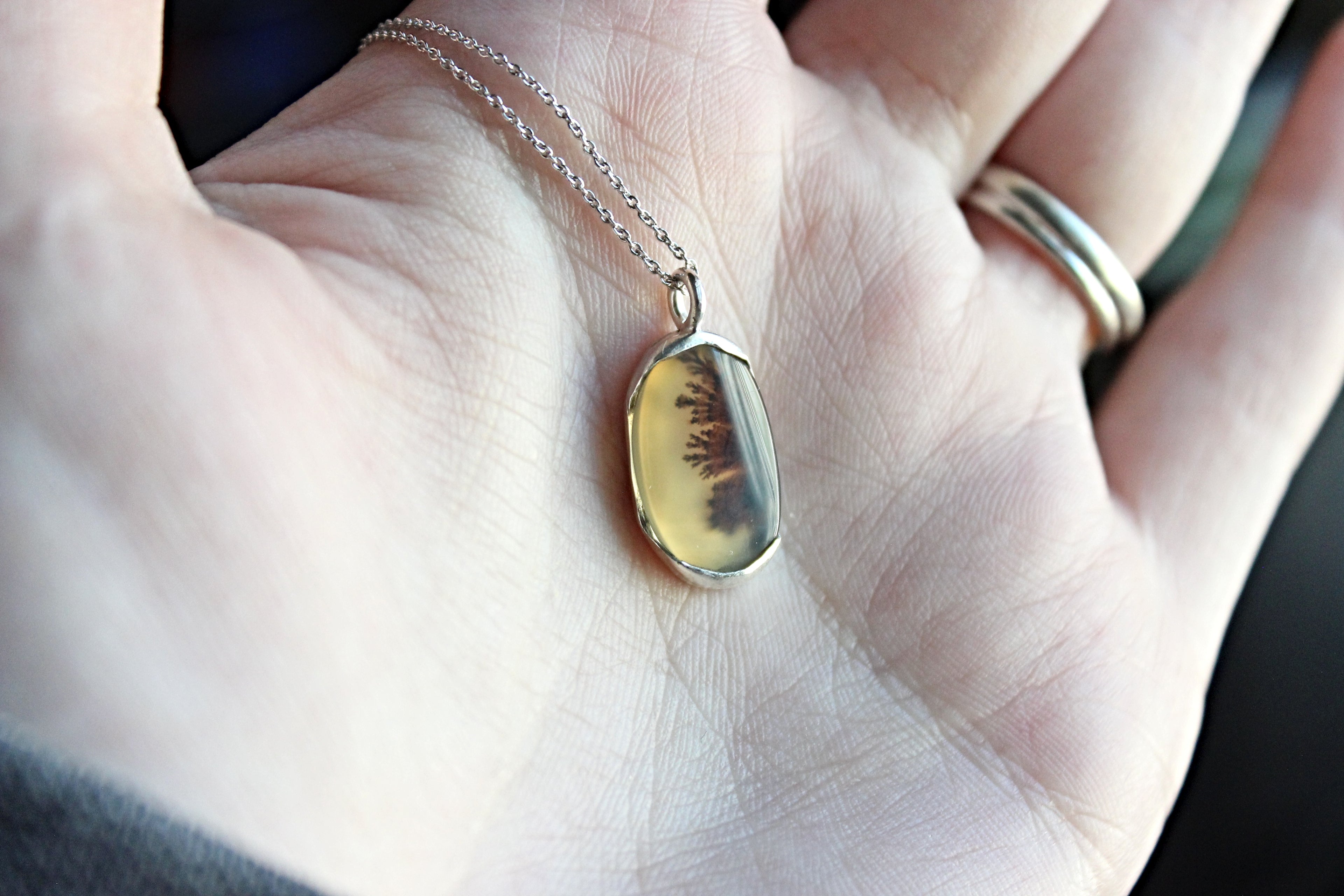 Scenic Dendritic Agate Necklace | Oval Sterling Silver Open Bezel Pendant | Handmade Nature-Inspired Jewelry