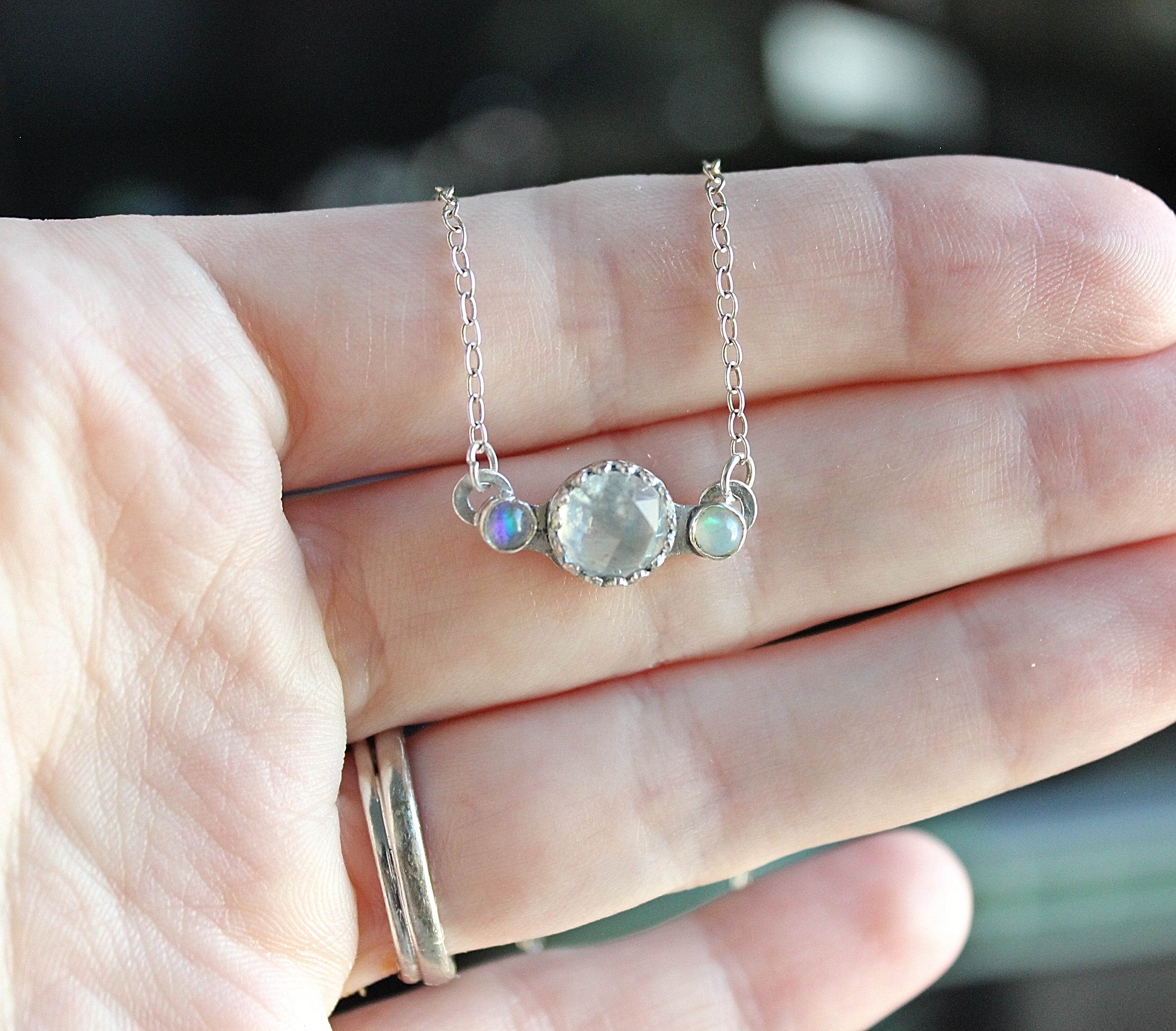 Moonstone & Opal Bar Necklace | Sterling Silver Dainty Celestial Pendant | Handmade Birthstone Jewelry