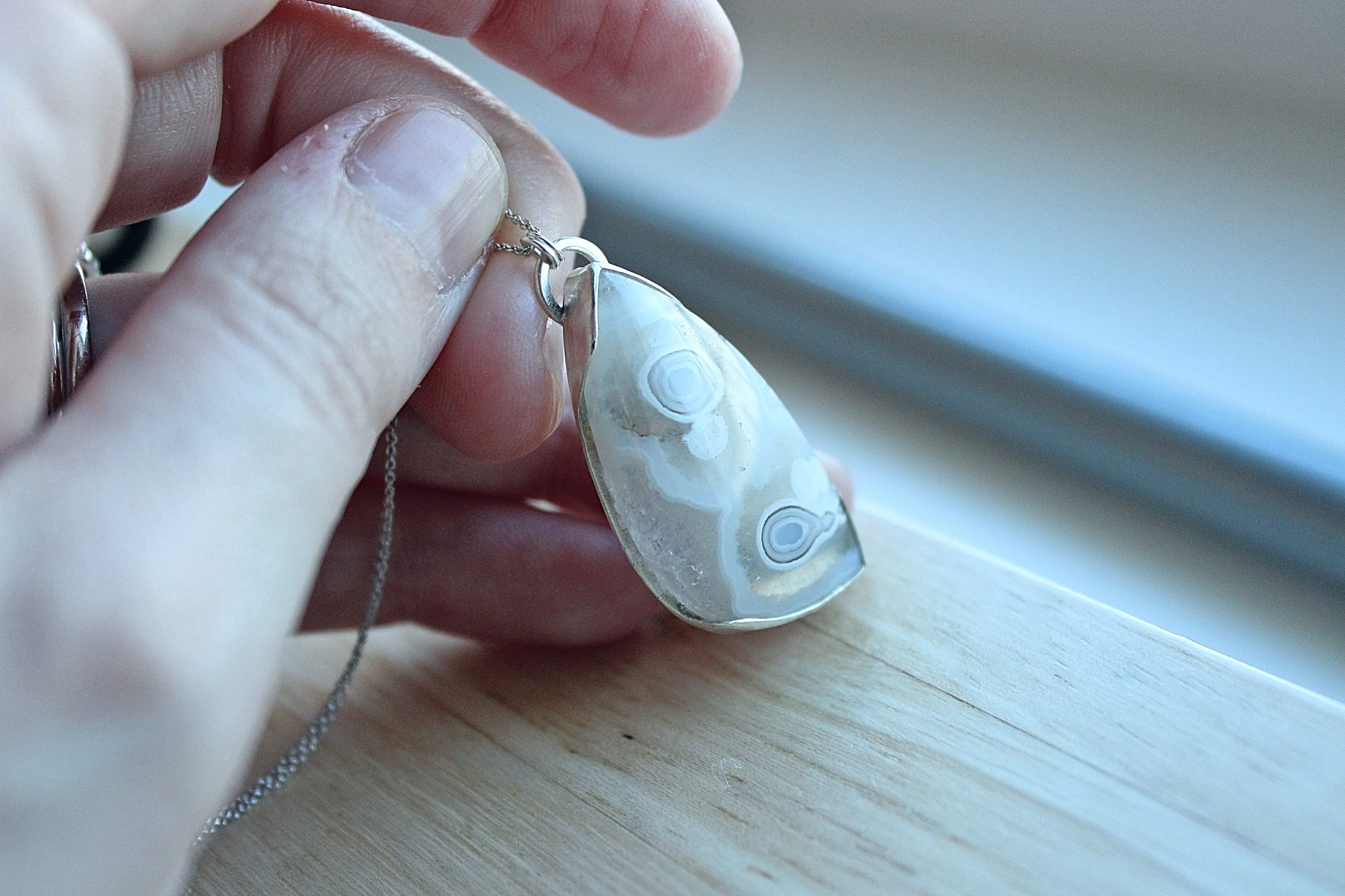 Orbicular Plume Agate Necklace | Sterling Silver Open Bezel Pendant | Handmade Statement Jewelry