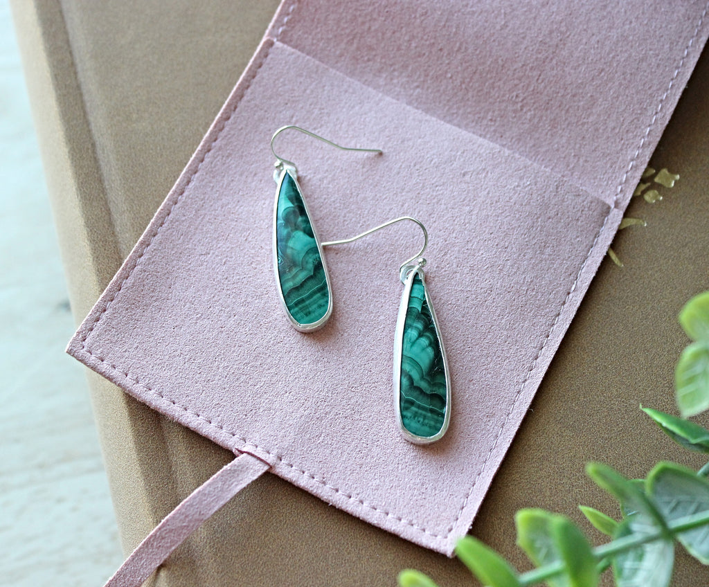 Malachite Teardrop Dangle Earrings | Sterling Silver Handmade Drop Earrings | Green Natural Gemstone Jewelry