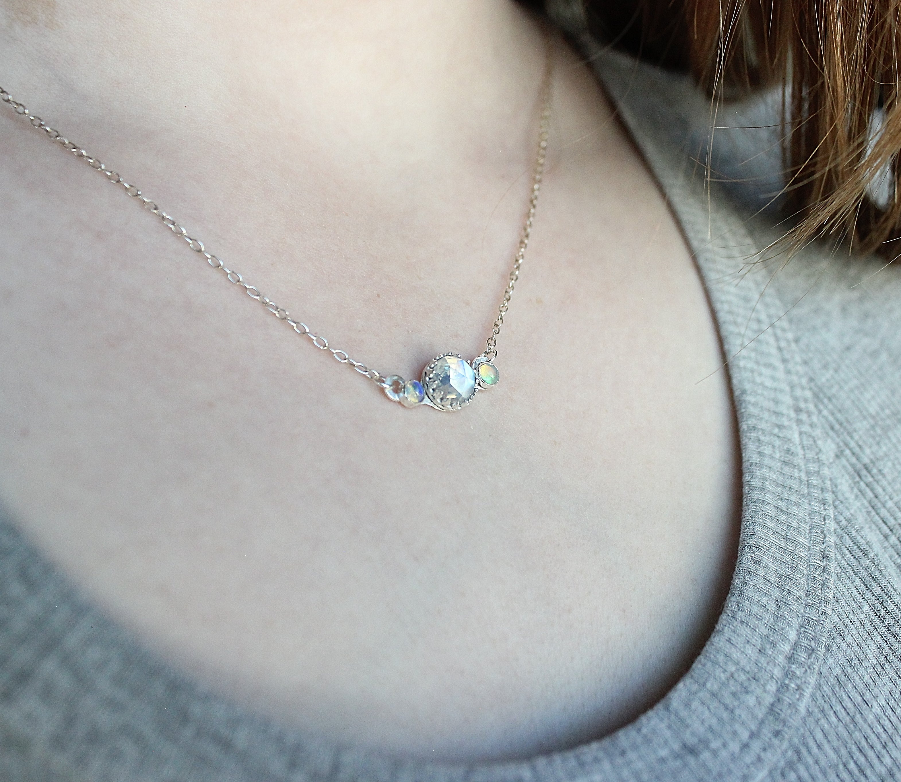 Moonstone & Opal Bar Necklace | Sterling Silver Dainty Celestial Pendant | Handmade Birthstone Jewelry