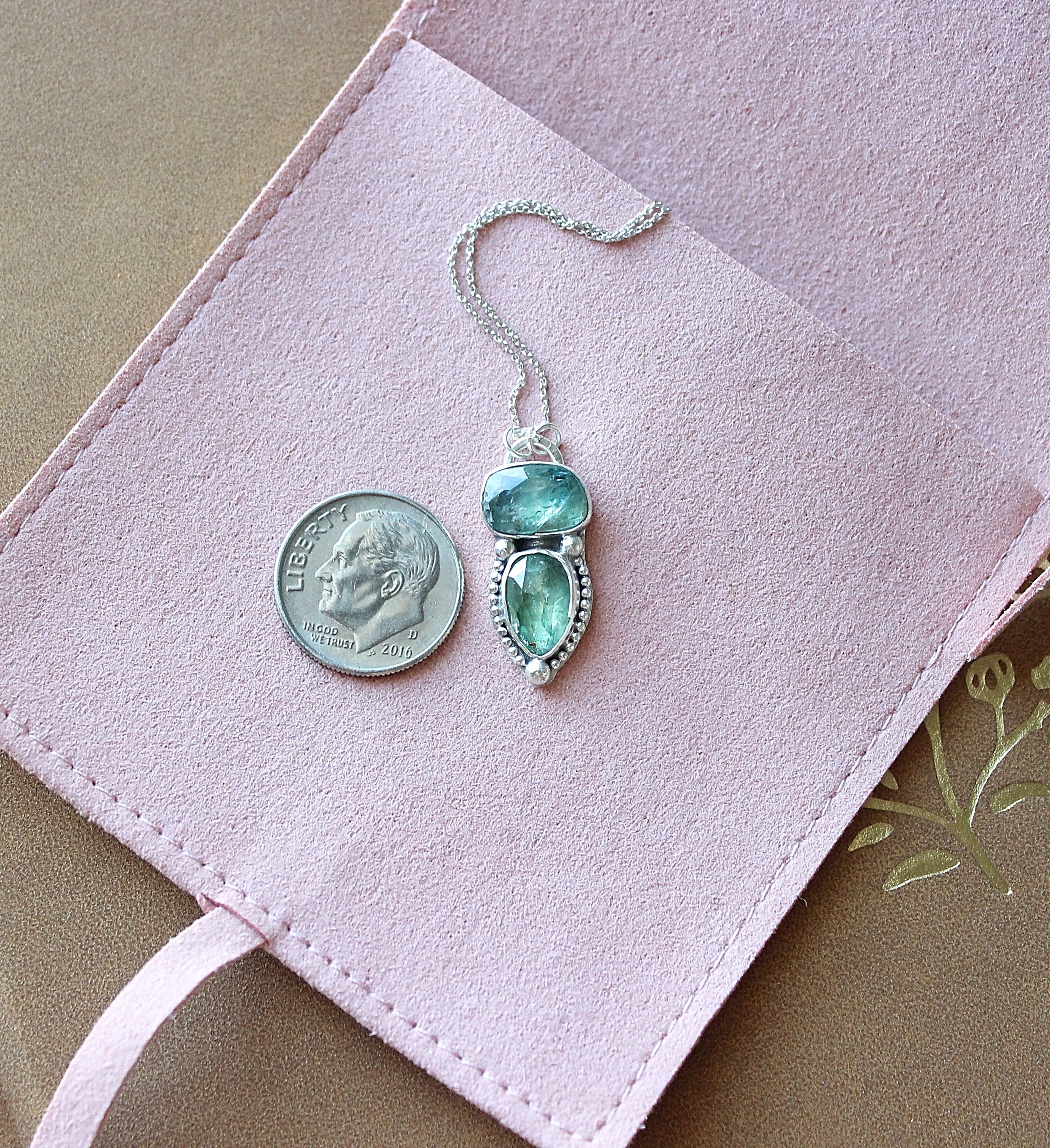 Green & Teal Kyanite Pendant Necklace | Sterling Silver Double Stone Handmade Statement Jewelry