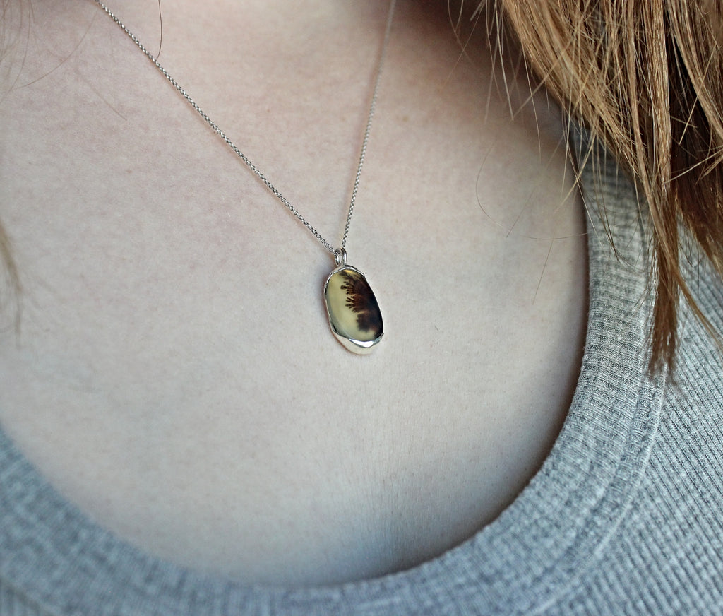 Scenic Dendritic Agate Necklace | Oval Sterling Silver Open Bezel Pendant | Handmade Nature-Inspired Jewelry