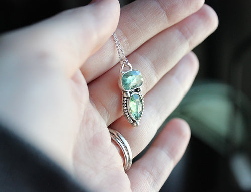 Green & Teal Kyanite Pendant Necklace | Sterling Silver Double Stone Handmade Statement Jewelry