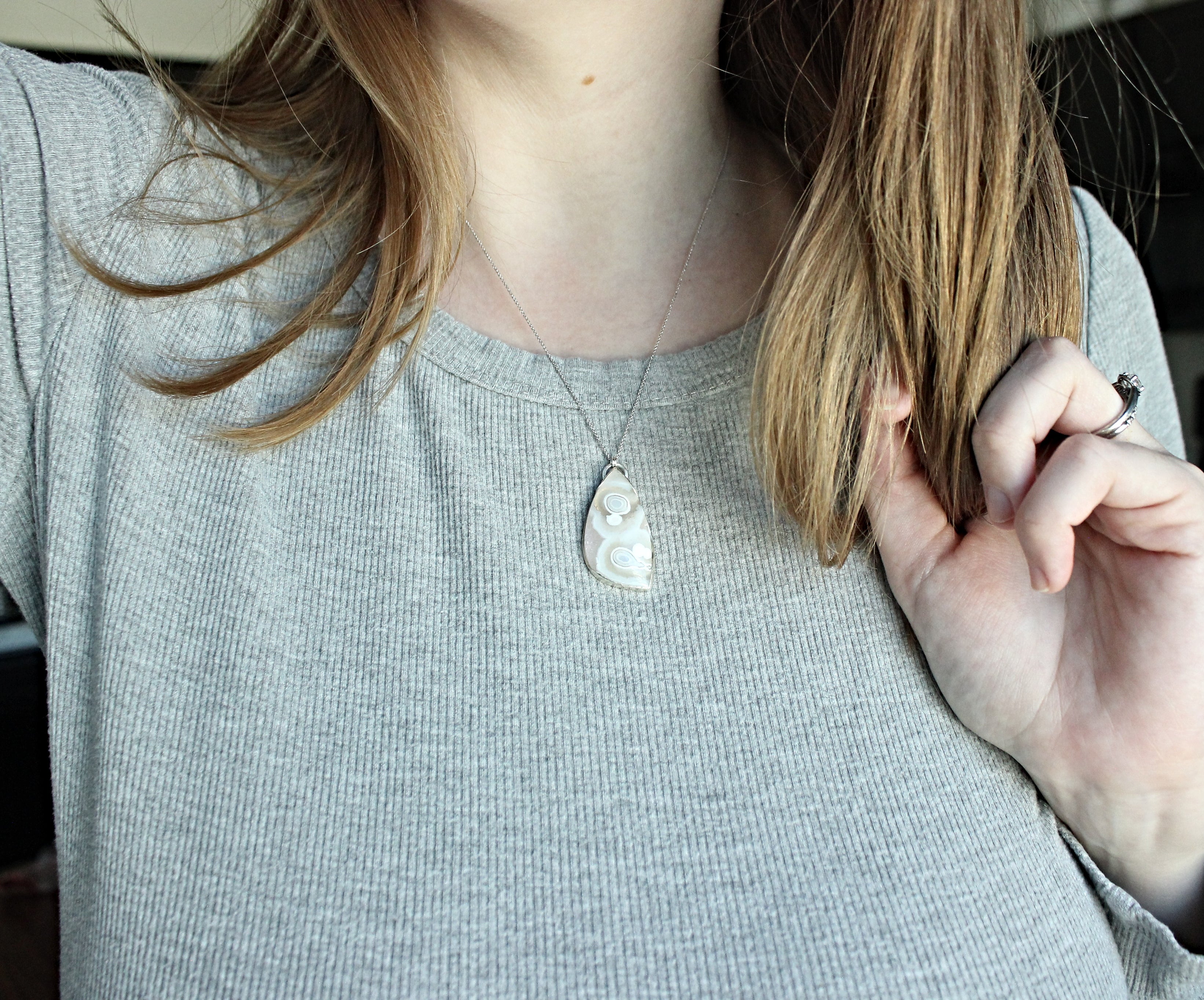 Orbicular Plume Agate Necklace | Sterling Silver Open Bezel Pendant | Handmade Statement Jewelry