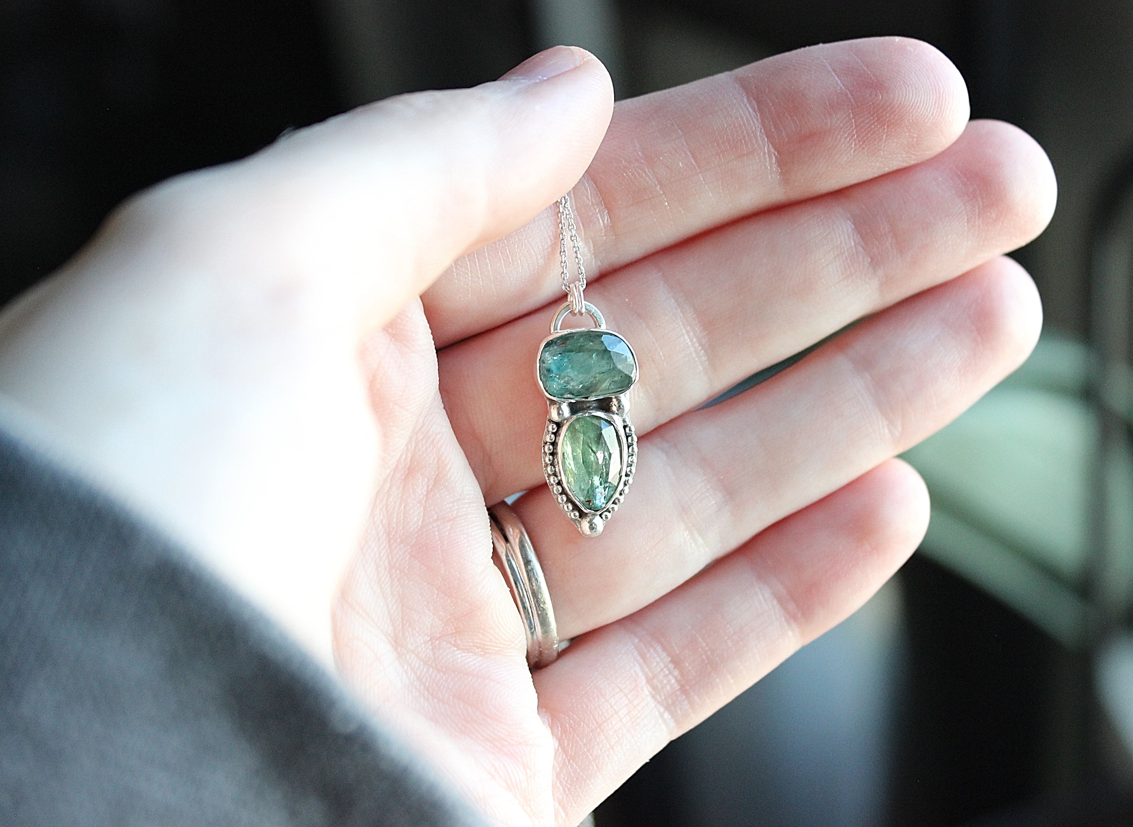 Green & Teal Kyanite Pendant Necklace | Sterling Silver Double Stone Handmade Statement Jewelry