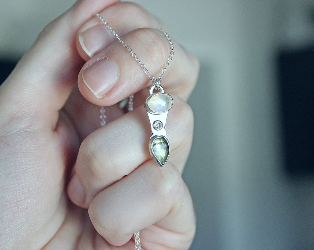 Moonstone, Moissanite & Green Kyanite Pendant