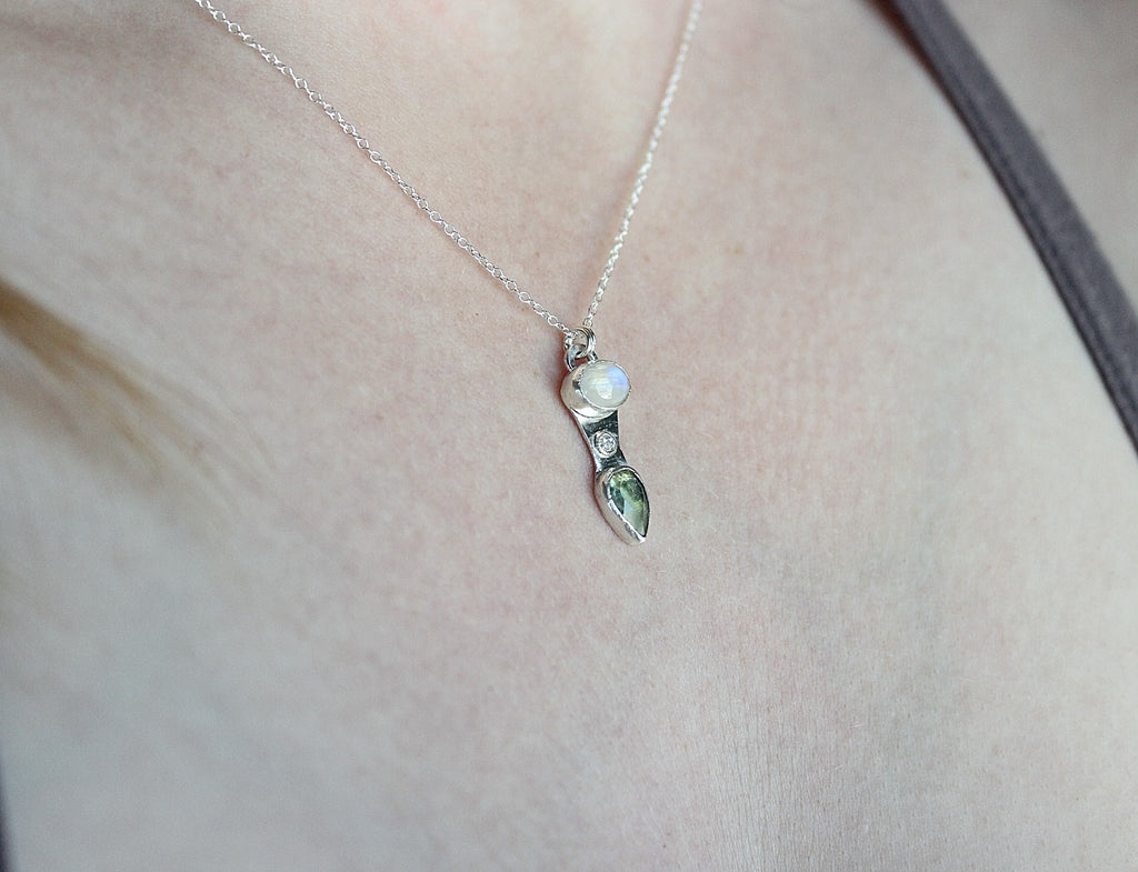 Moonstone, Moissanite & Green Kyanite Pendant