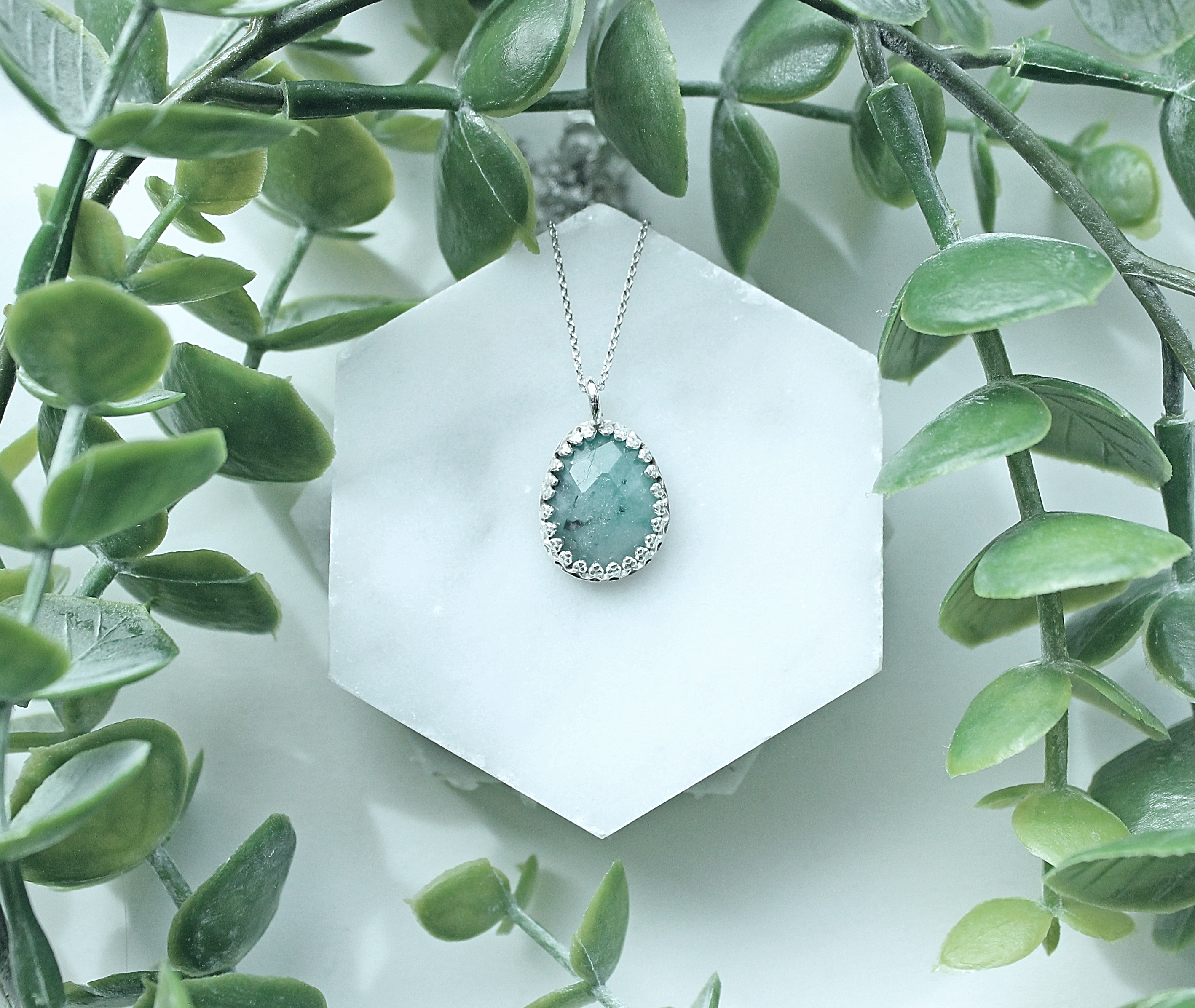 Creamy Emerald Necklace | Freeform Rose Cut Emerald Sterling Silver Pendant | Handmade Green Gemstone Jewelry