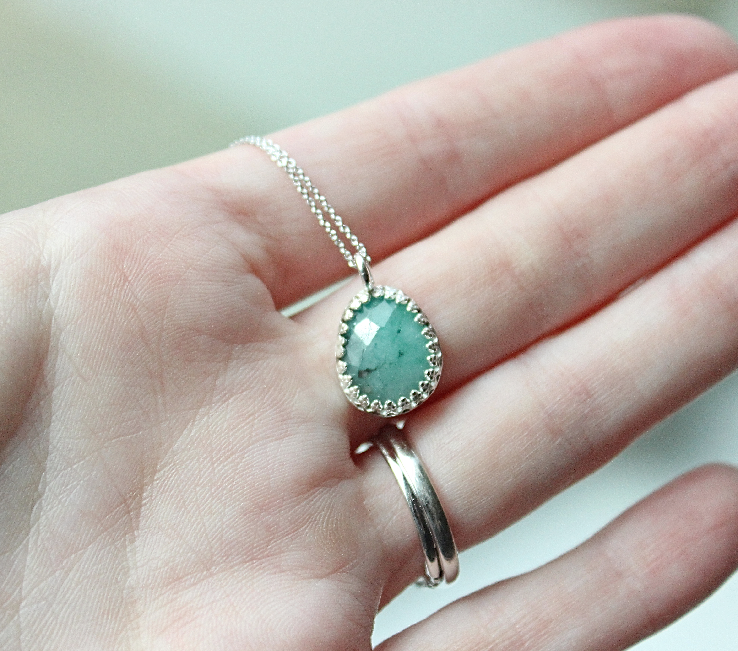 Creamy Emerald Necklace | Freeform Rose Cut Emerald Sterling Silver Pendant | Handmade Green Gemstone Jewelry