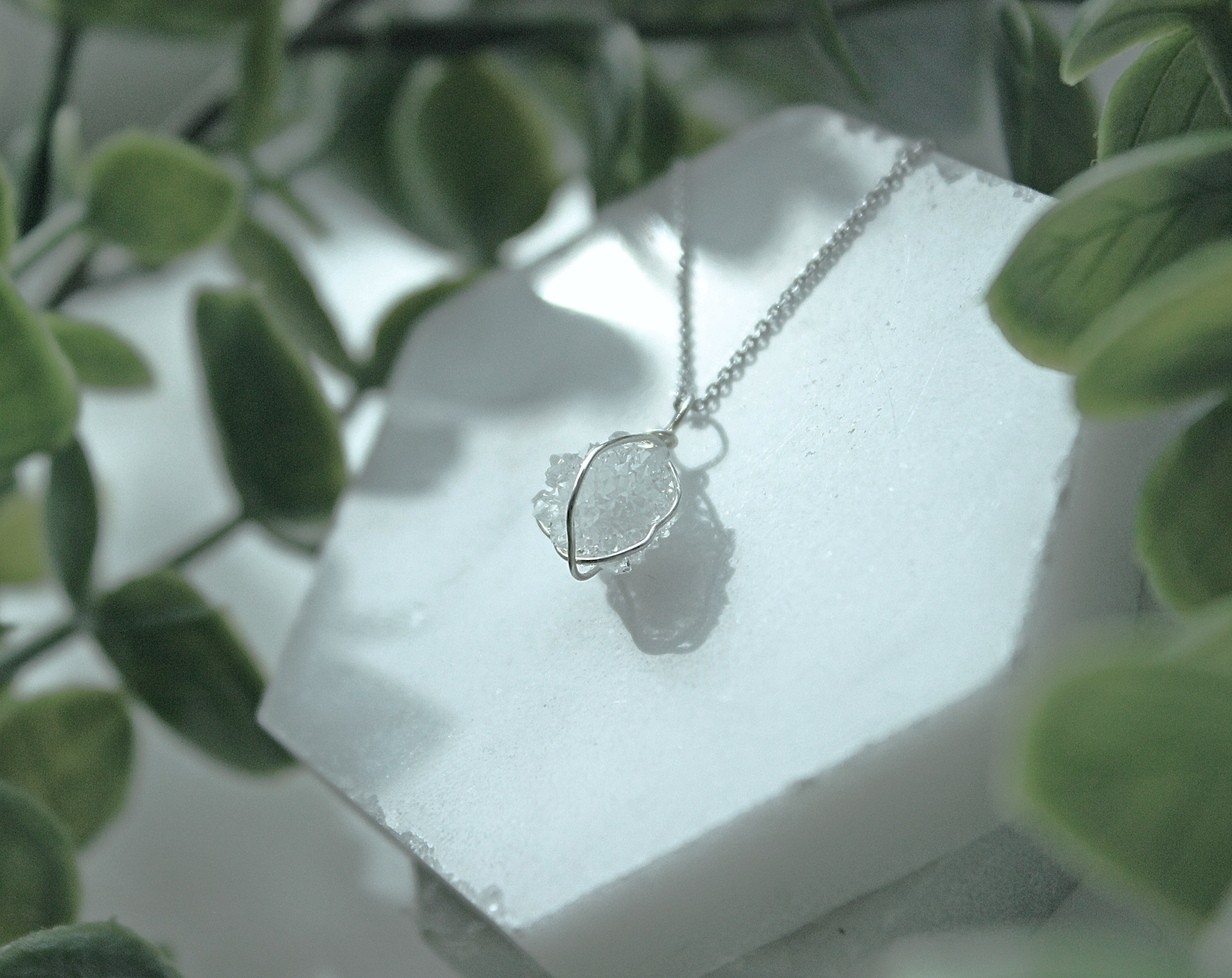 Raw Druzy Crystal Necklace | Natural Geode Quartz Pendant | Sterling Silver Wire Wrapped Jewelry