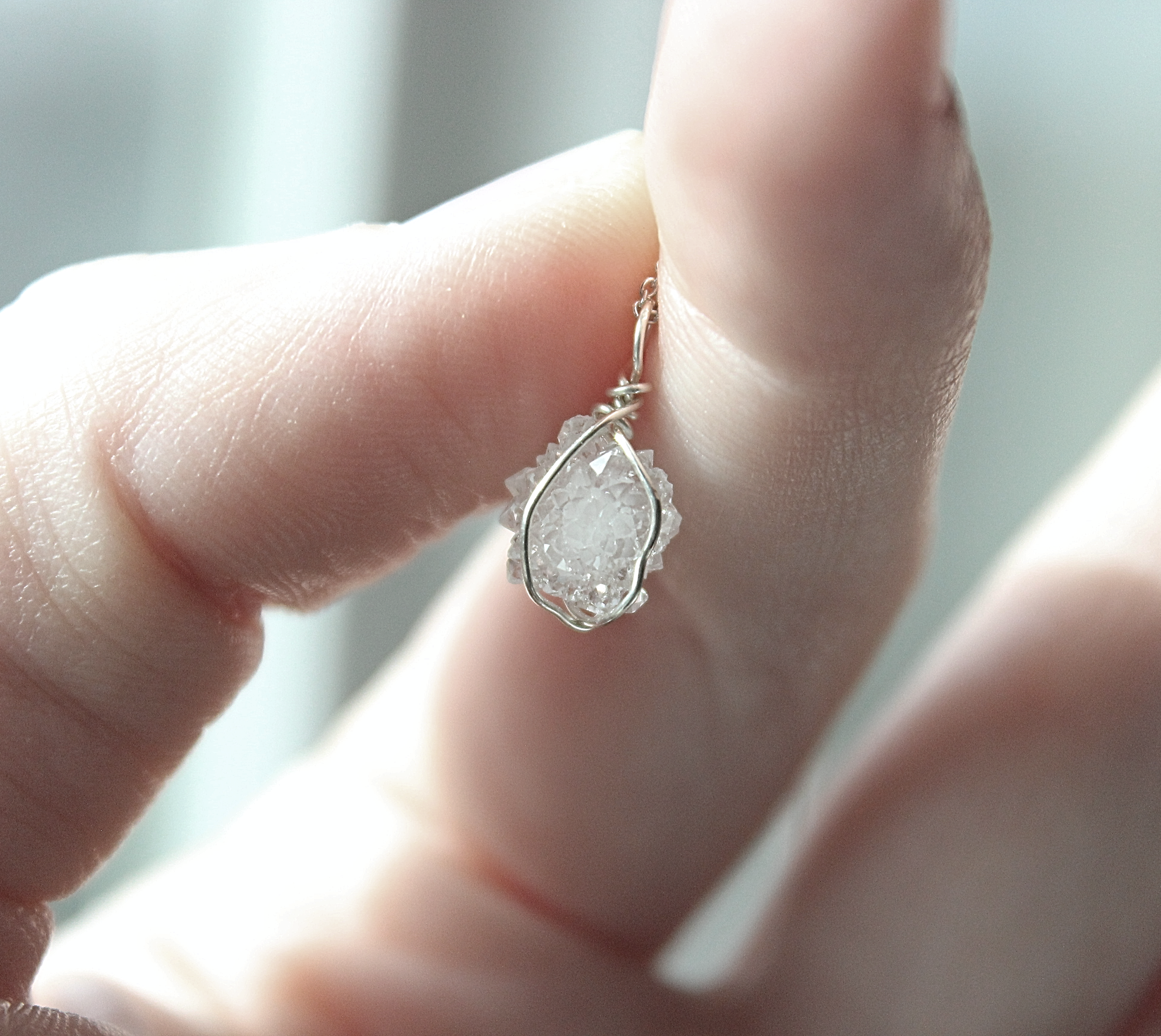 Raw Druzy Crystal Necklace | Natural Geode Quartz Pendant | Sterling Silver Wire Wrapped Jewelry