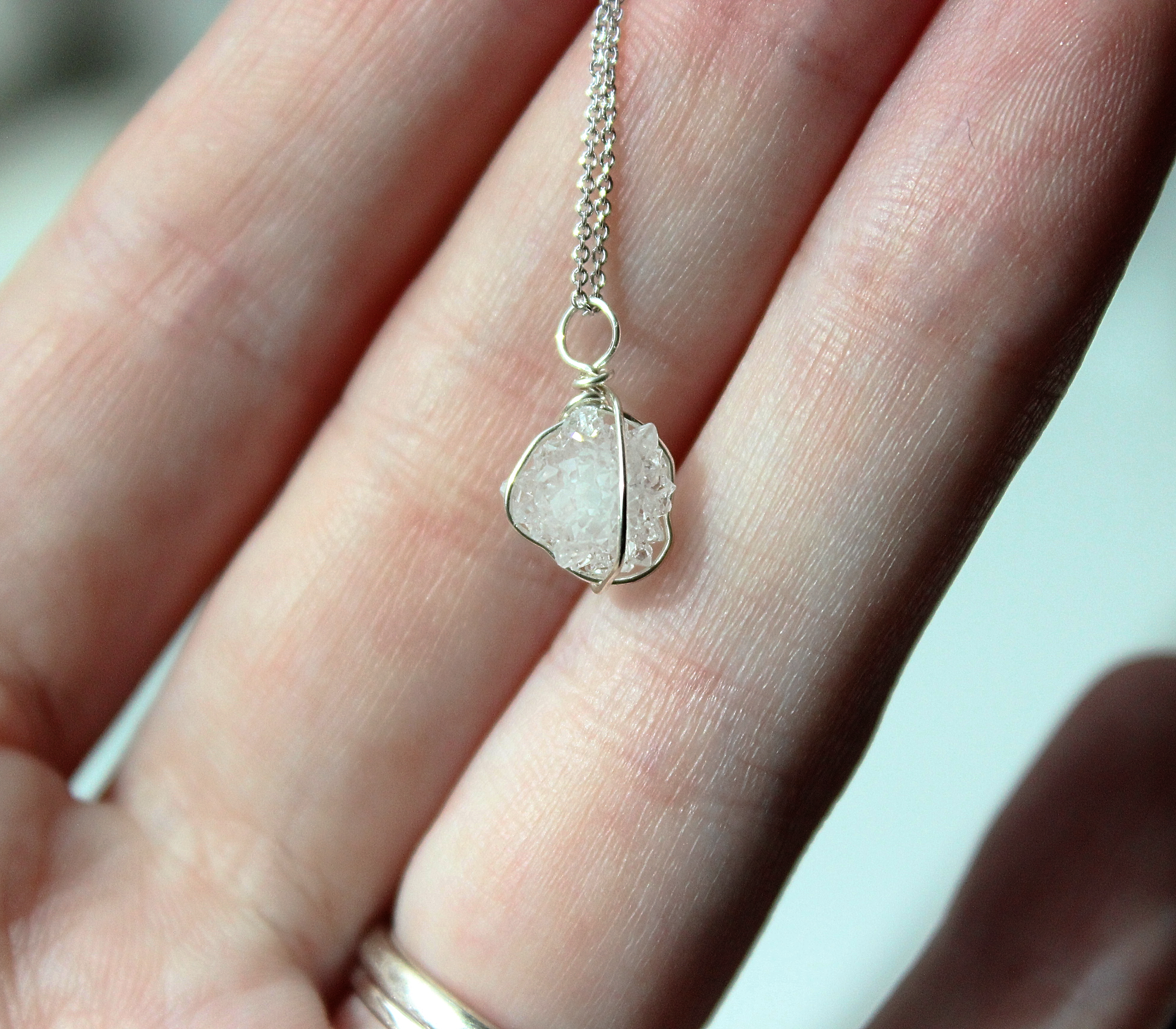 Raw Druzy Crystal Necklace | Natural Geode Quartz Pendant | Sterling Silver Wire Wrapped Jewelry