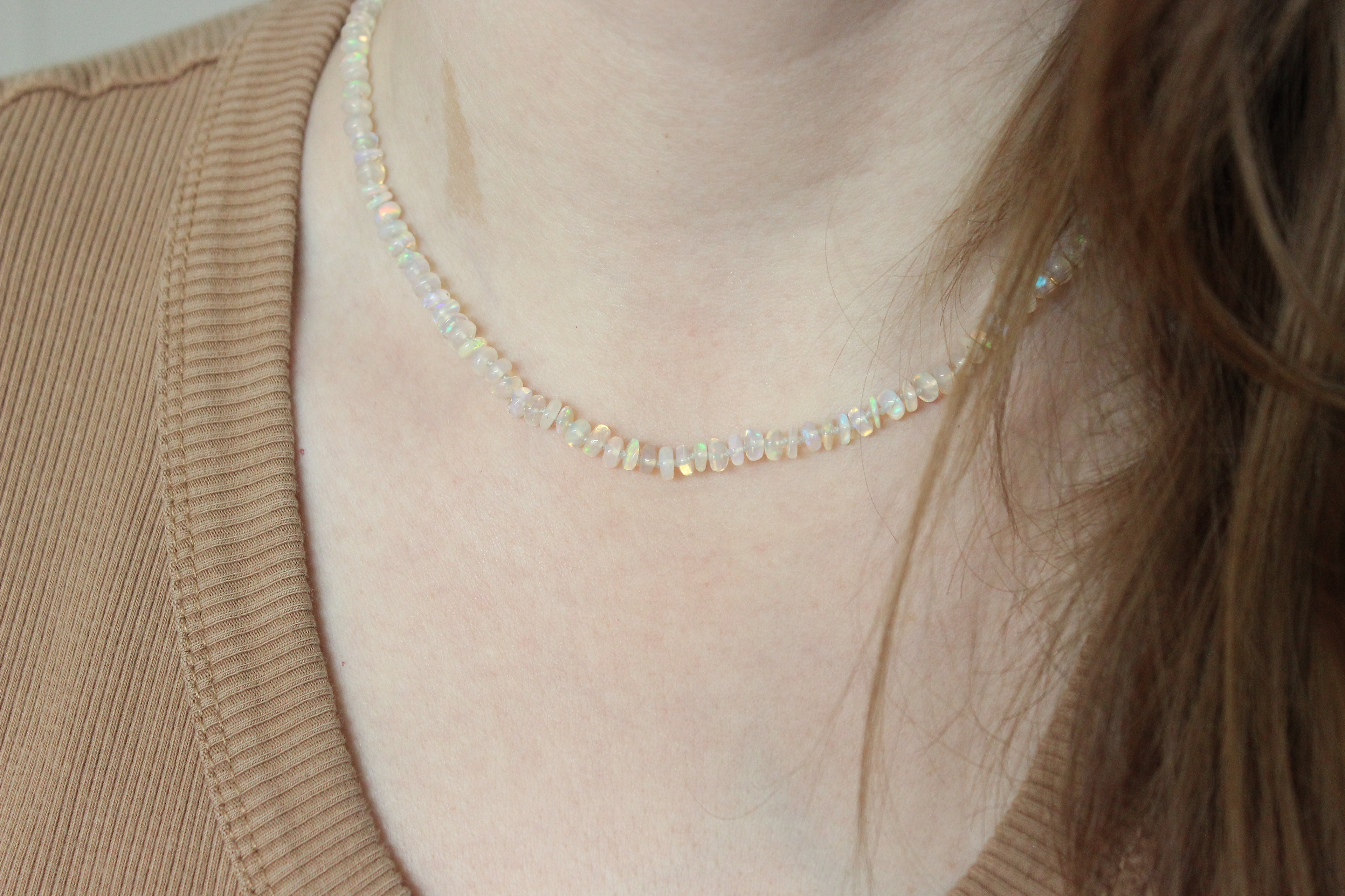Hand Knotted Ethiopian Opal Necklace | Cream Fire Opal Bead Strand | 16 Inch Gemstone Necklace