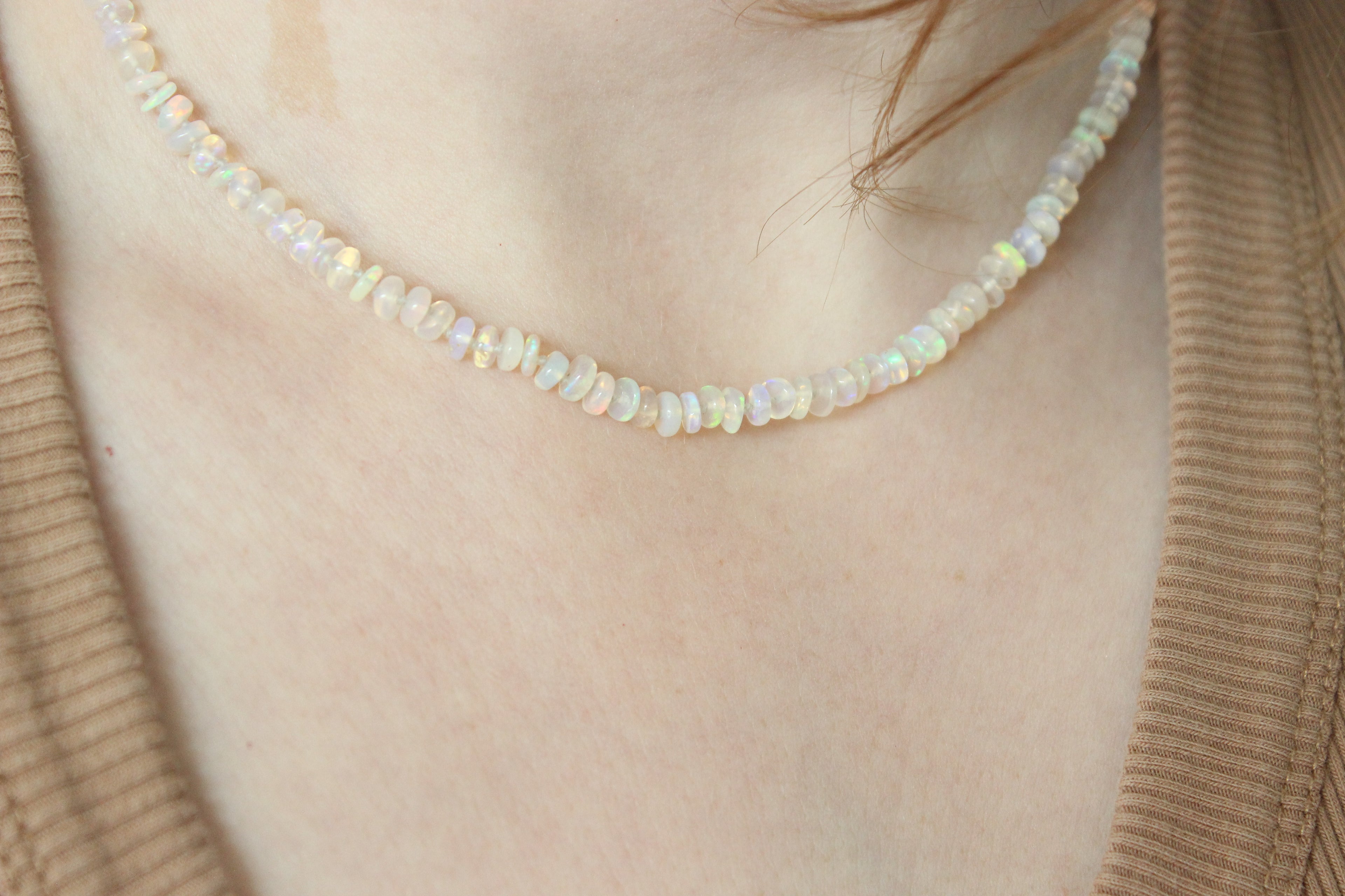 Hand Knotted Ethiopian Opal Necklace | Cream Fire Opal Bead Strand | 16 Inch Gemstone Necklace