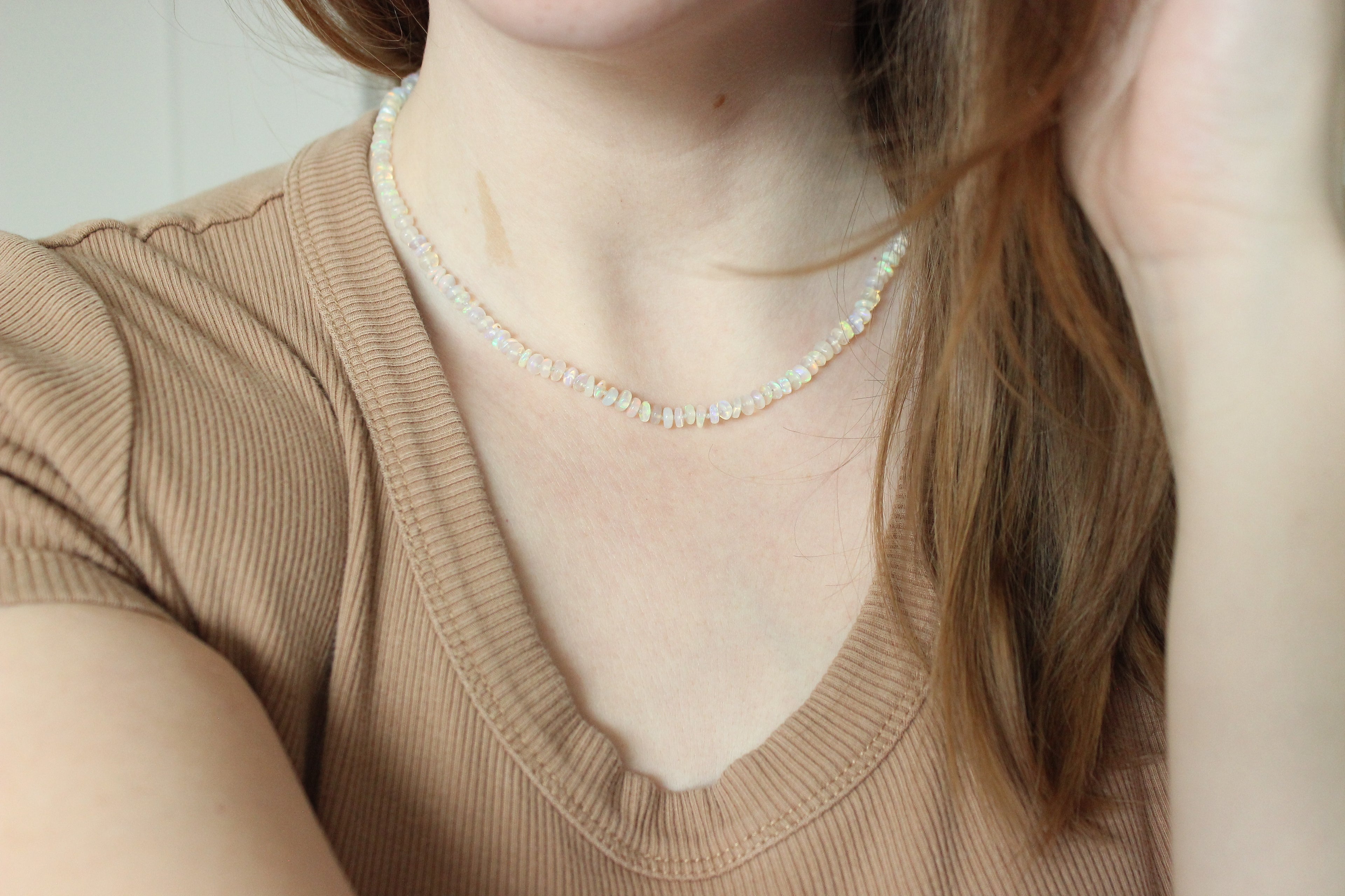 Hand Knotted Ethiopian Opal Necklace | Cream Fire Opal Bead Strand | 16 Inch Gemstone Necklace