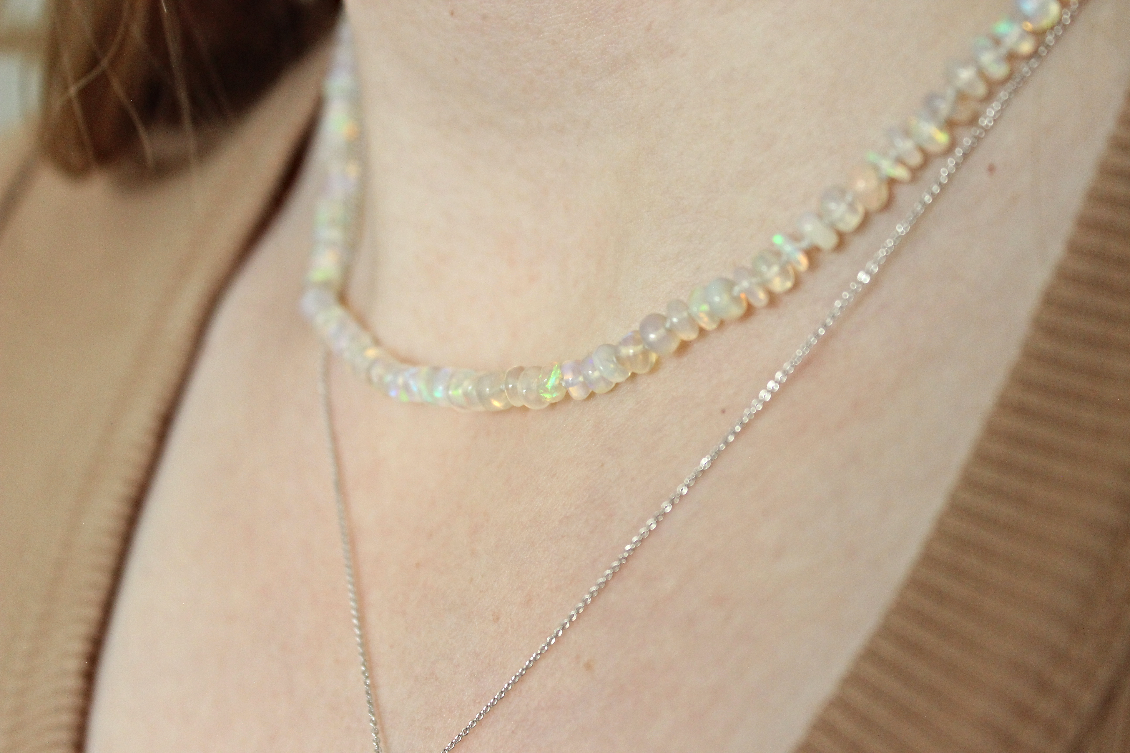 Hand Knotted Ethiopian Opal Necklace | Cream Fire Opal Bead Strand | 16 Inch Gemstone Necklace