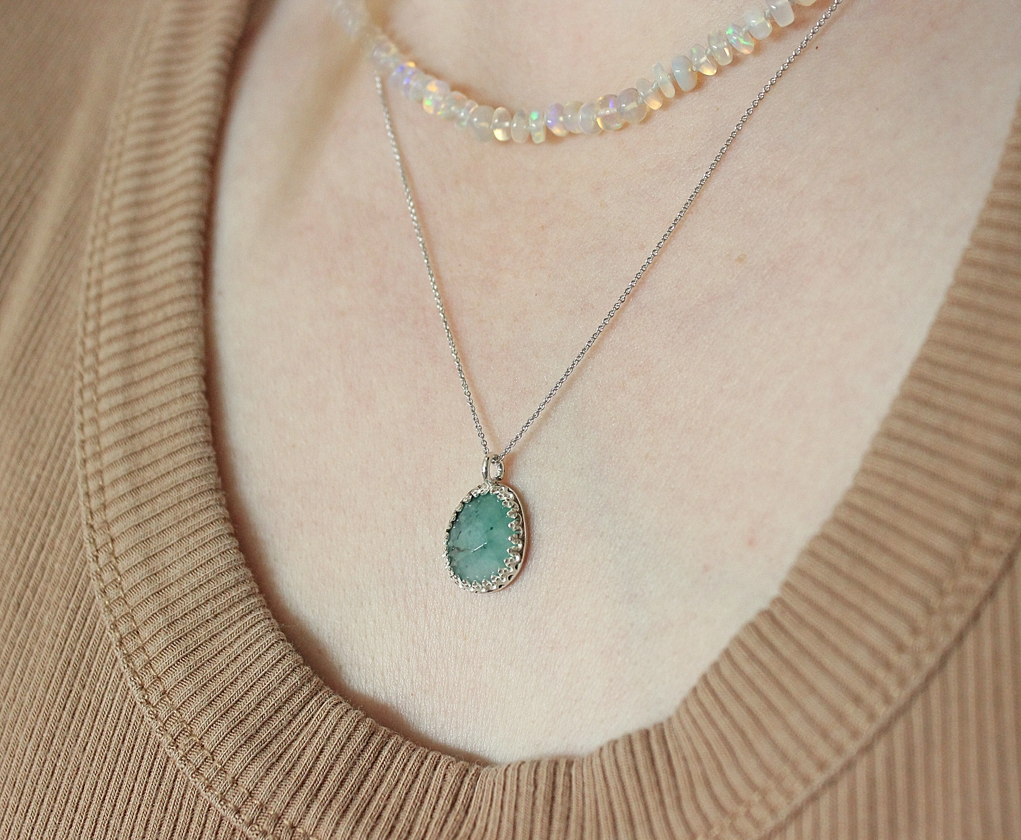 Creamy Emerald Necklace | Freeform Rose Cut Emerald Sterling Silver Pendant | Handmade Green Gemstone Jewelry