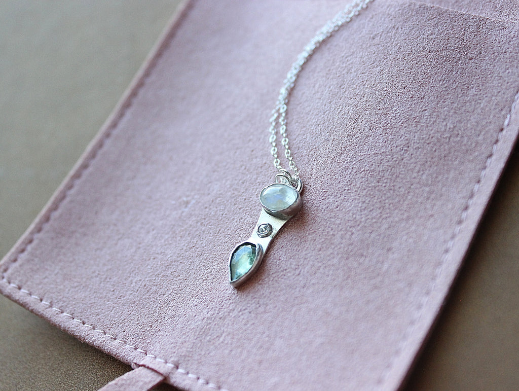 Moonstone, Moissanite & Green Kyanite Pendant