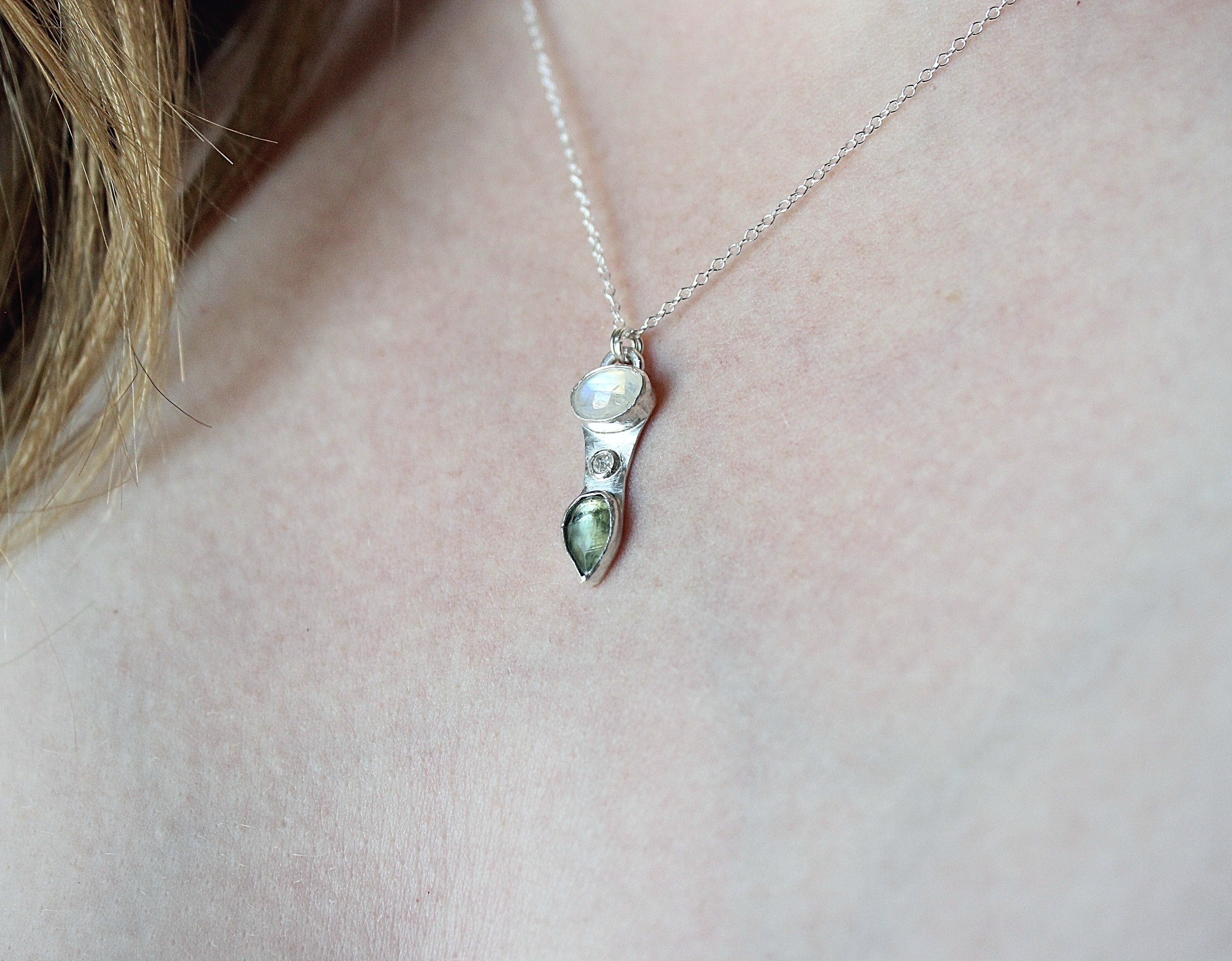 Moonstone, Moissanite & Green Kyanite Pendant