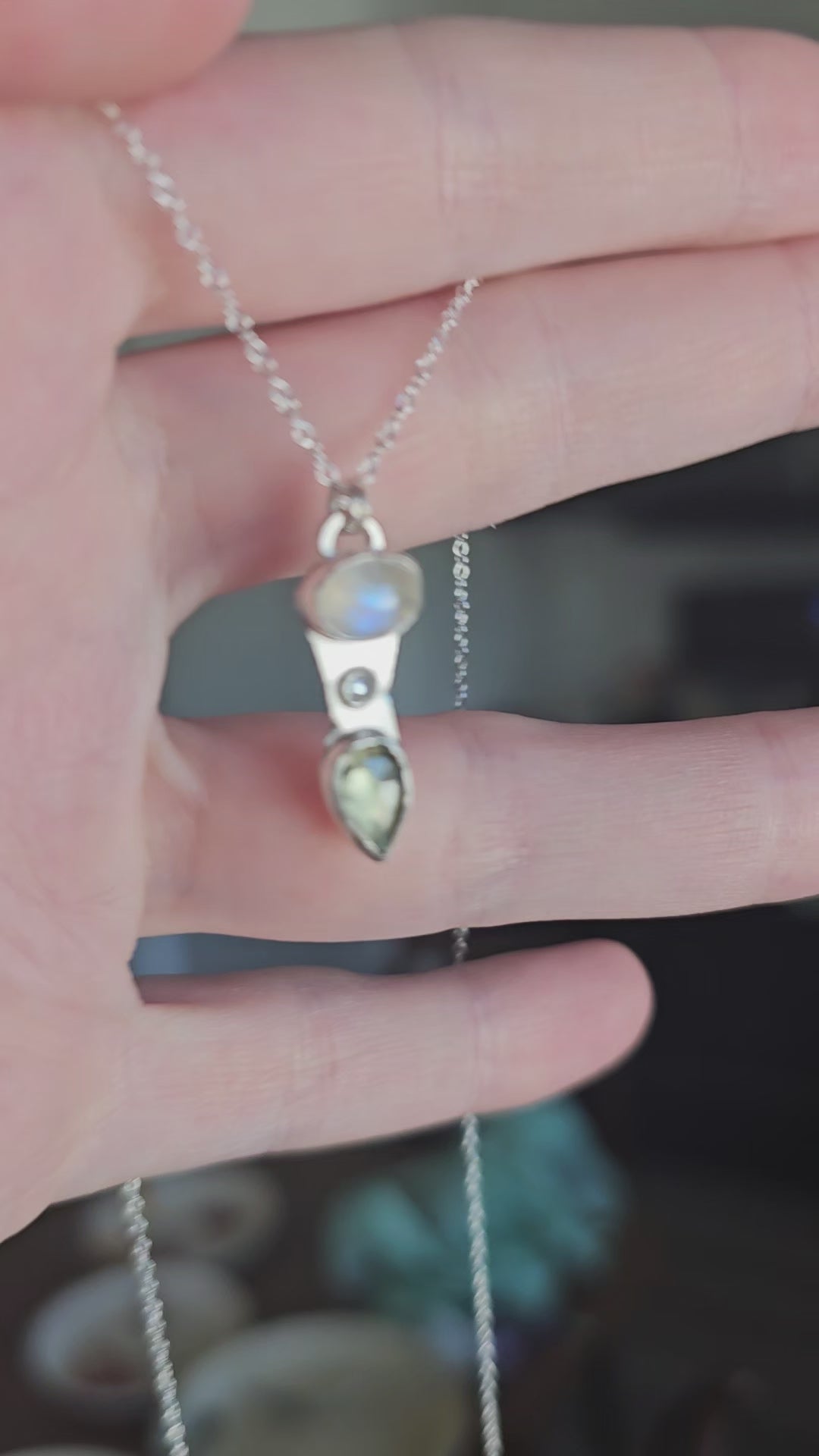 Moonstone, Moissanite & Green Kyanite Pendant